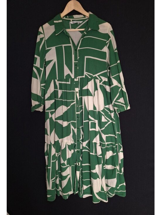 Zara Dresses & Skirts - 💙 Zara Green Geometric Tiered Midi Shirt Dress Size XL Cotton Button Front Over
